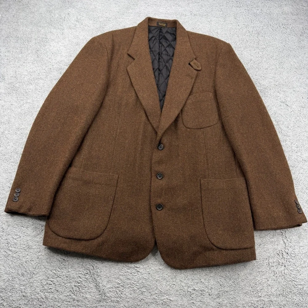 Vintage LL Bean Sport Coat Men 44 Tall Brown Herringbone Tweed Wool Blend Blazer